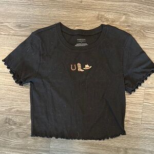 Black Cropped T-Shirt with Embroidered Design